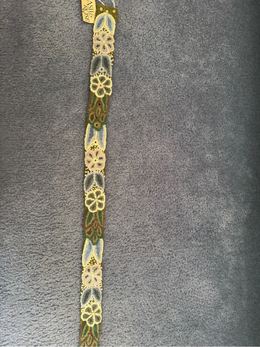 Green Embroidered Floral Wool Belt with Brass Buckle